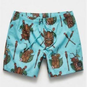 NWT Mens Tiki Cocktail Party 16" Swim Trunks Blue | Psycho Tuna Swim SMALL